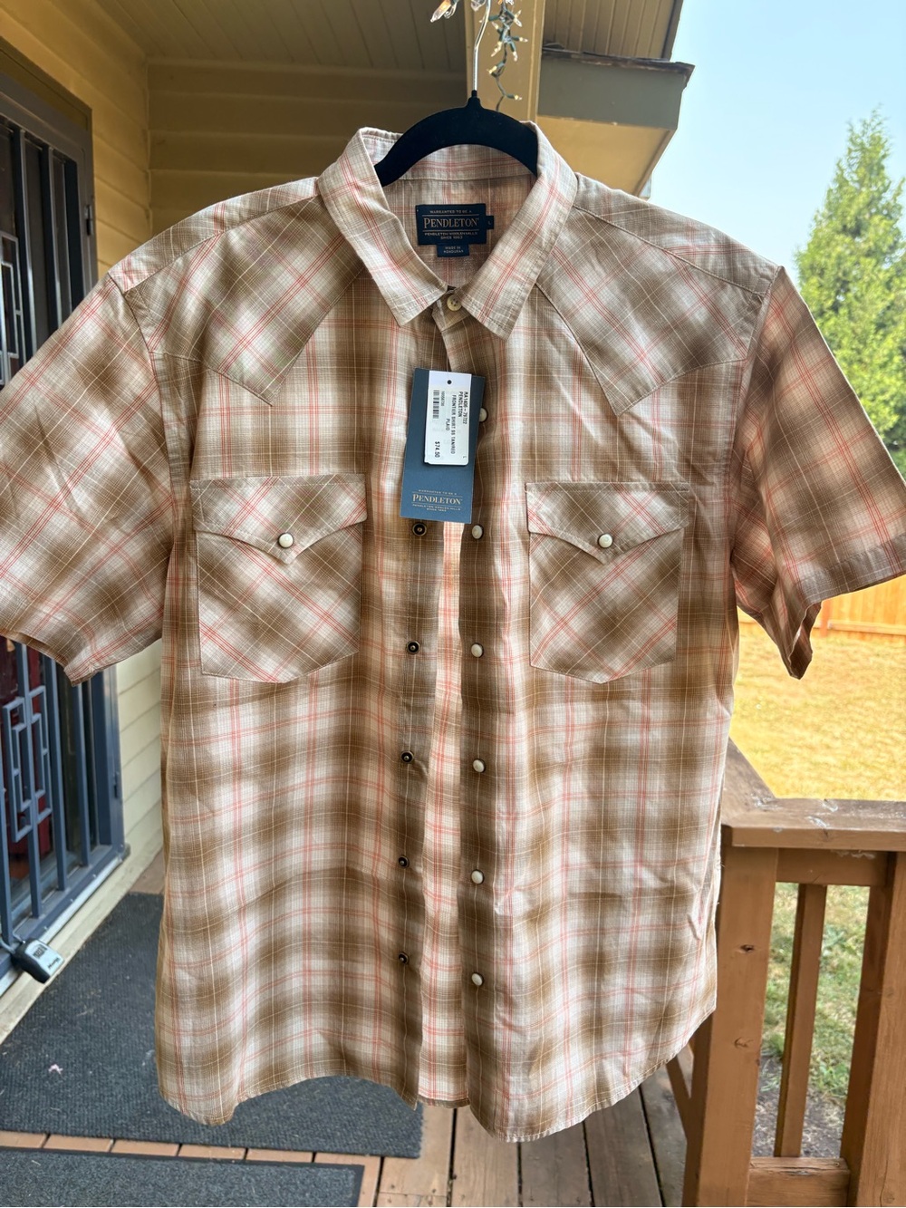 Pendleton Men’s Short Sleeve Plaid Button-Down Shirt — Tan & Coral